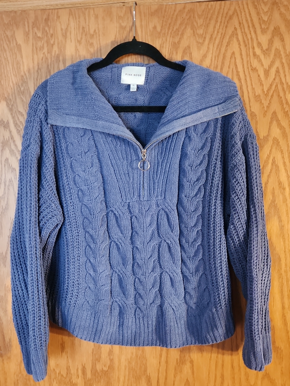 Pink Rose Soft Blue Cable-Knit Zip Collar Sweater Size xk